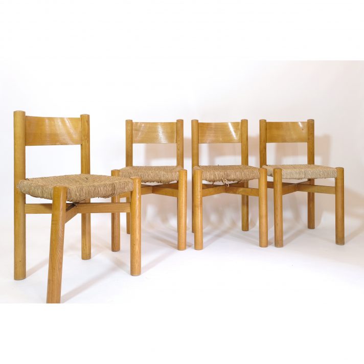 Suite de 4 chaises Méribel par Charlotte Perriand, 1950s.