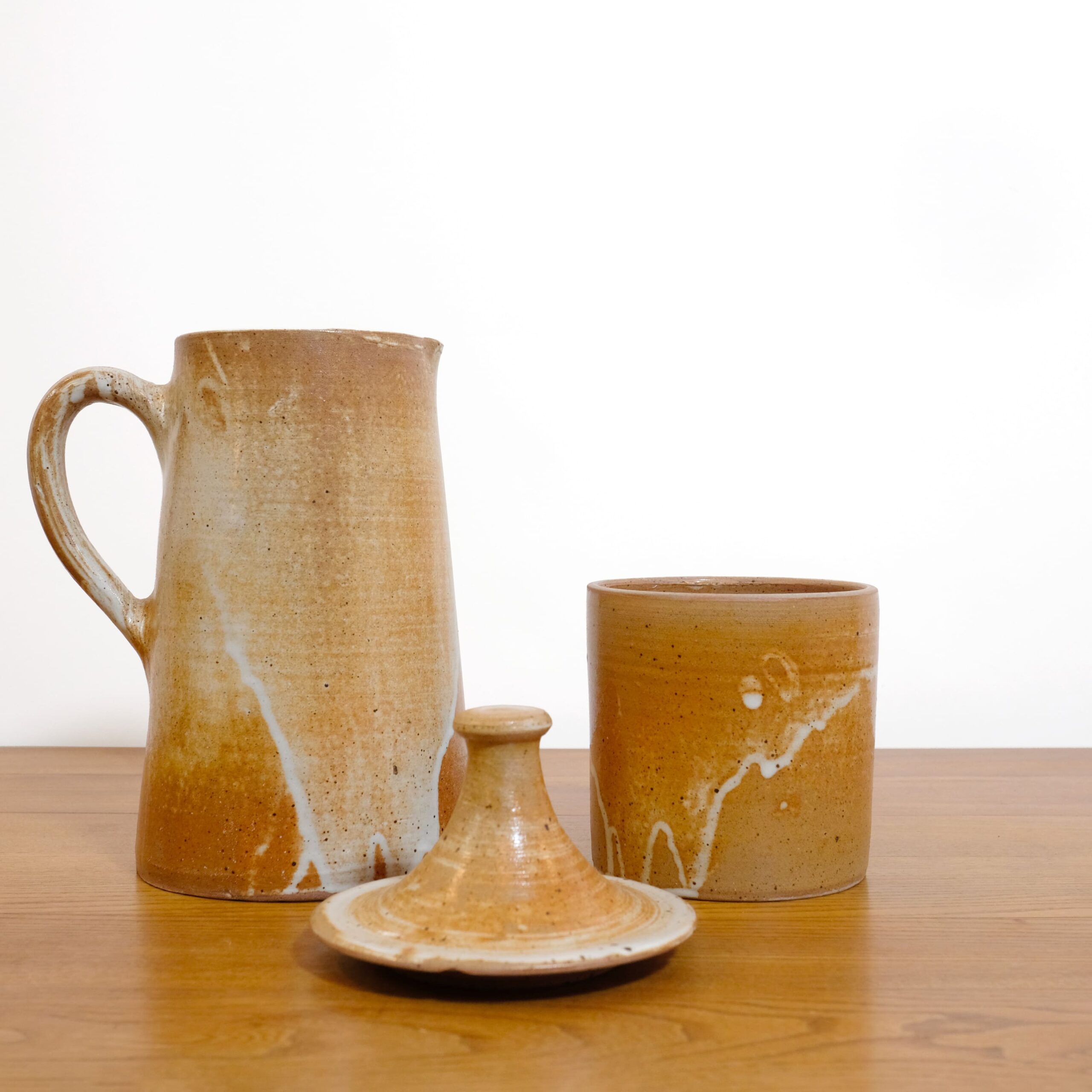 Ceramic jug and pot with lid, France, 1970s.