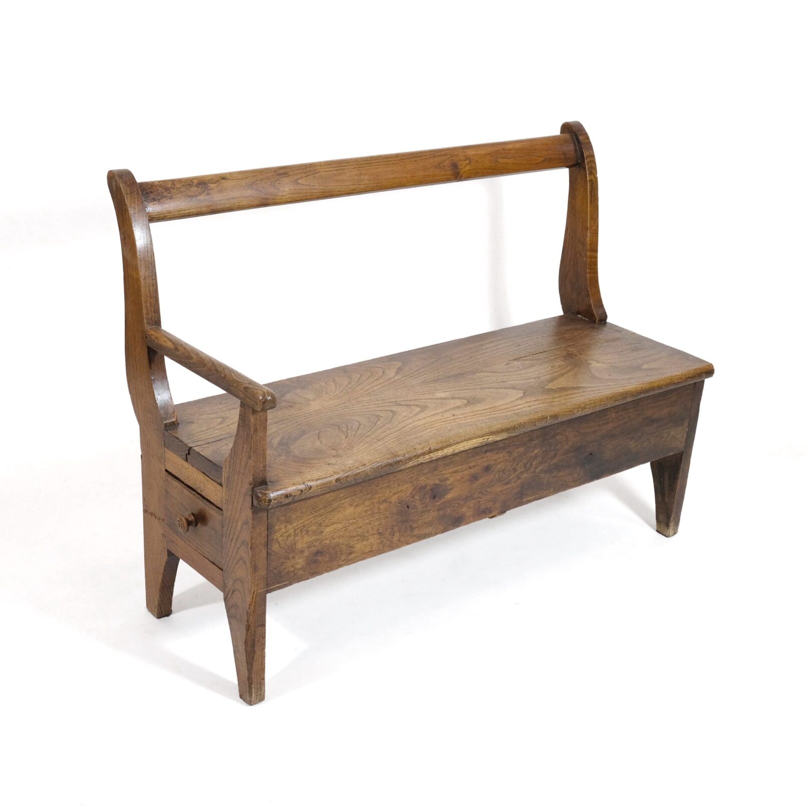 Handcrafted wooden bench with armrest and drawer on the right.
