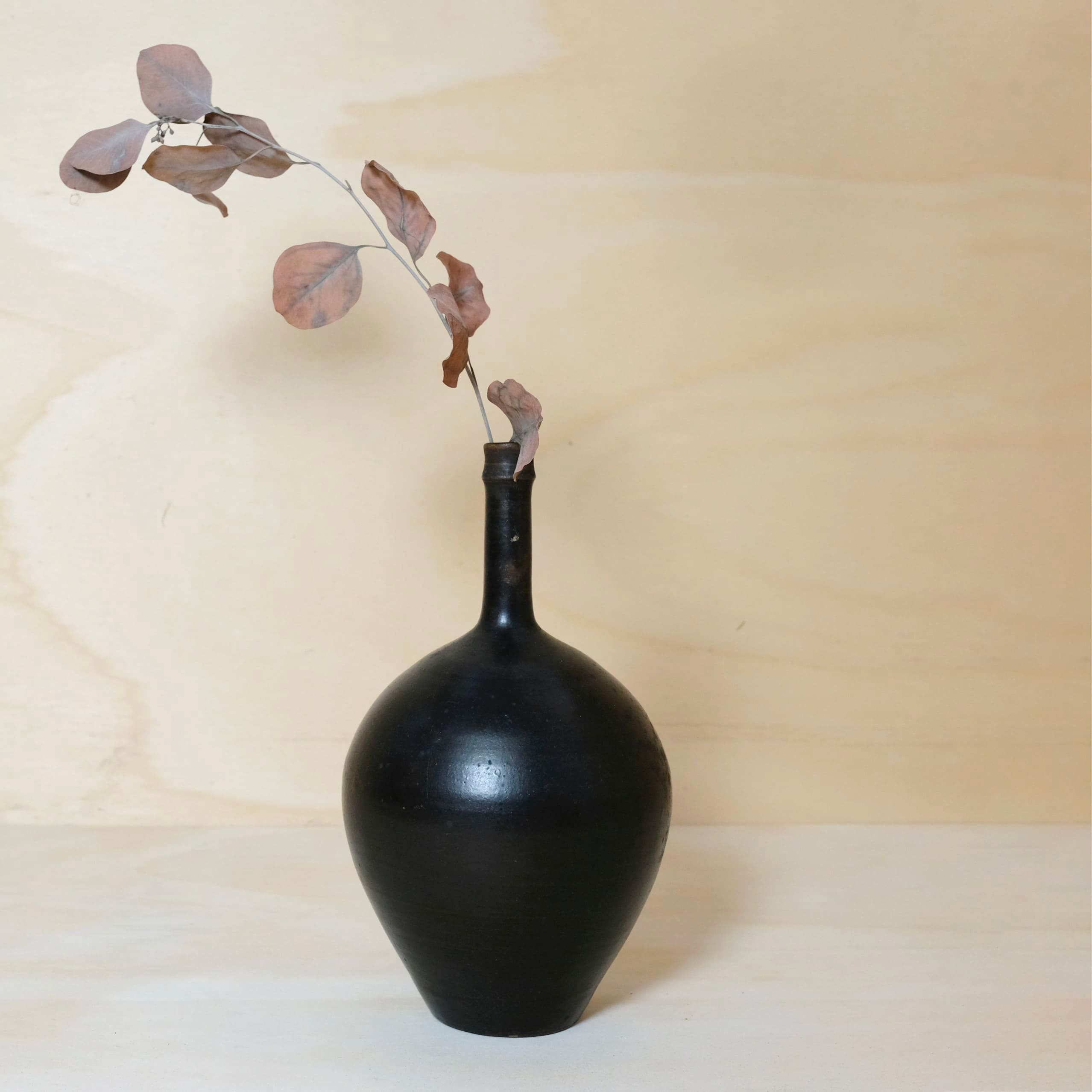 Narrow-necked stoneware vase with a dark glaze.